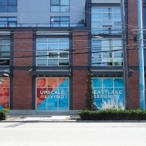 One way film / perforated window film graphics for Equinox apartments in Seattle, Washington
