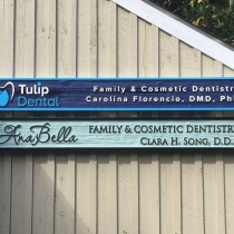 Sandblasted signs mounted to exterior siding of building in Bellevue Washington