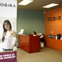 Double sided dye sublimated fabric banner hung from ceiling in Seattle Washington