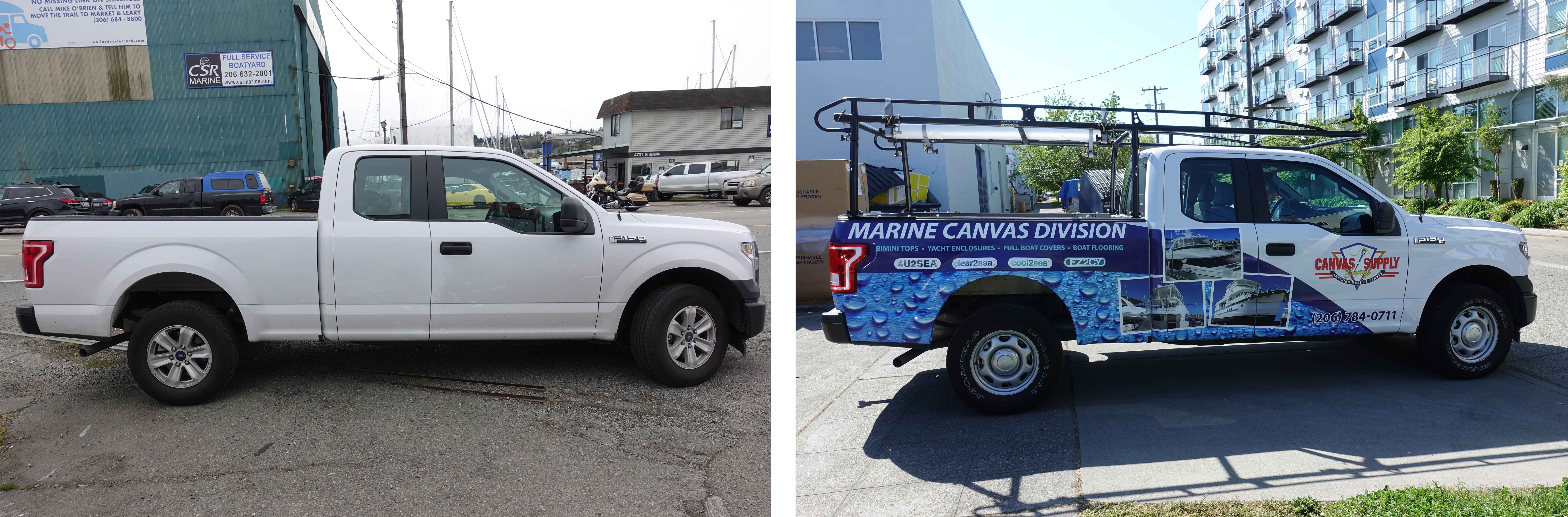 Before and After Side Views of White Truck with Digitally Printed Vehicle Graphics Advertizing Canvas Supply Awnings